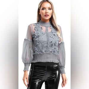 Coquette Girl Fairycore Sheer Floral Embroidered Puff Sleeve Smocked Castlecore